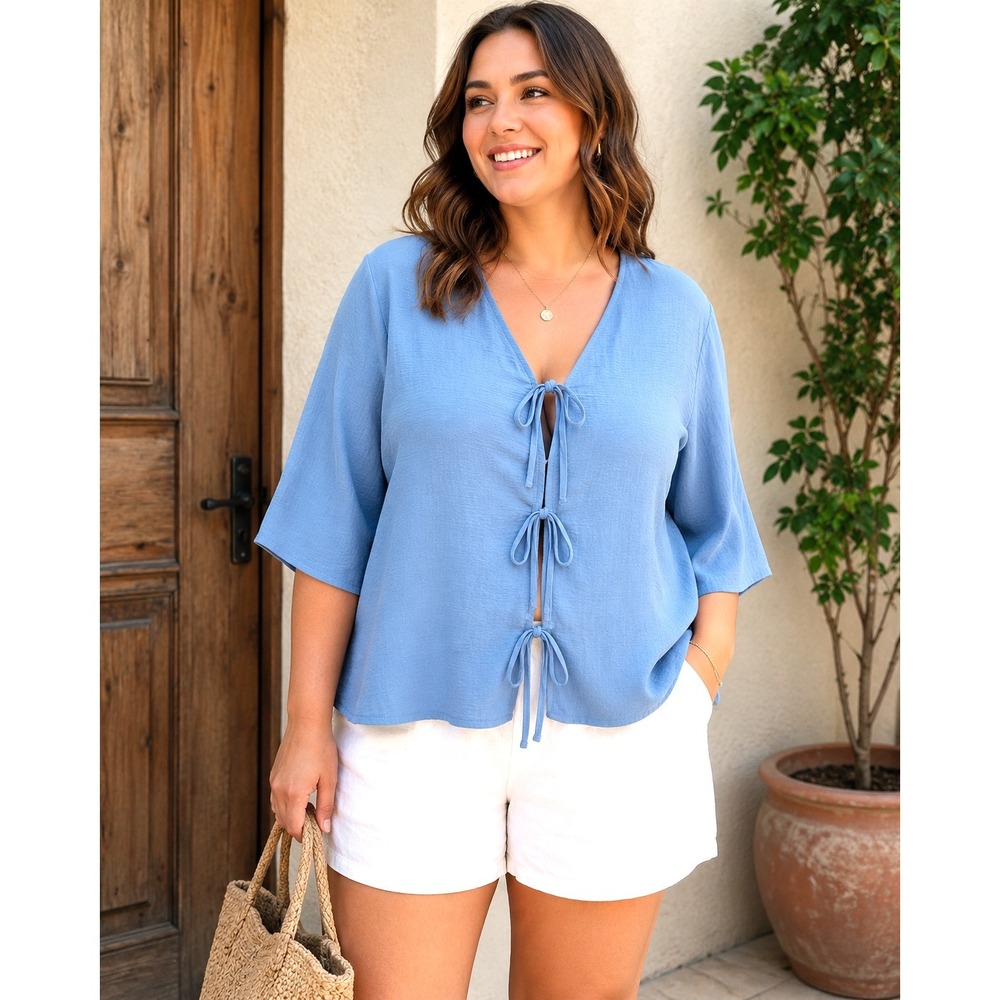 NWT Adrianna Papell Blue V-Neck Tie Front Woven Top Plus Size 1X Pullover Flowy